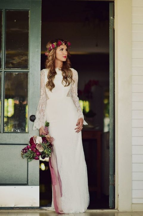 White Lace Crochet Bell Sleeve Simple Bohemian Wedding Dress