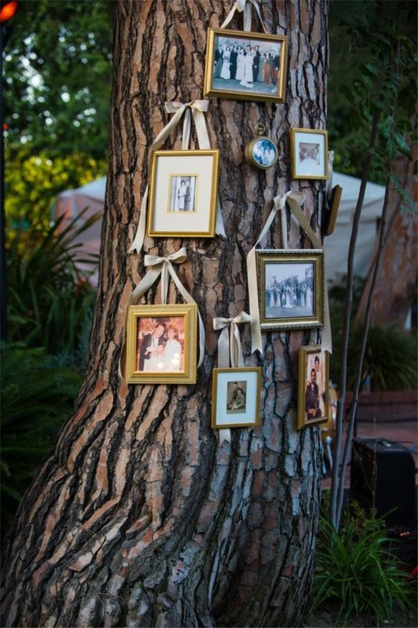 Gallery wall on a tree for backyard wedding by Inspired by This 