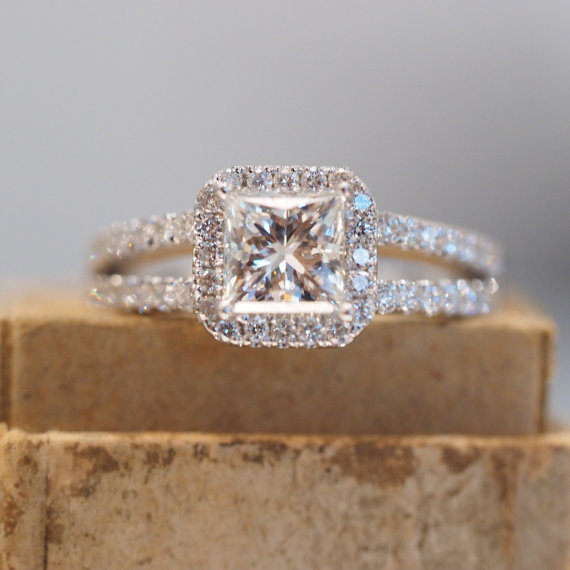  Halo Princess Cut Engagement Ring with Split Shank Band 