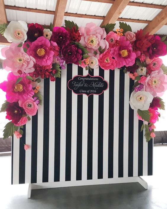  How Perfect Is This Black And White Stripped And Flowery Backdrop For A Photo Wall 