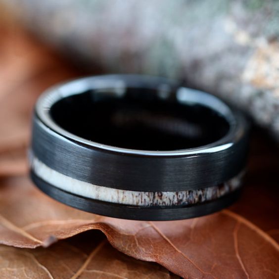 Custom Engraved Black Tungsten Deer Antler Ring 