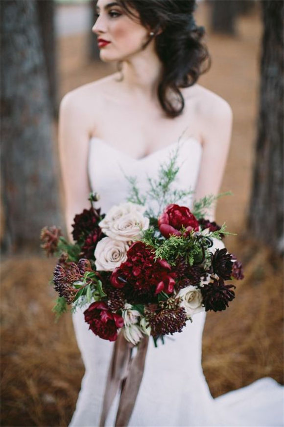 Red and cream marsala bridal bouquet 