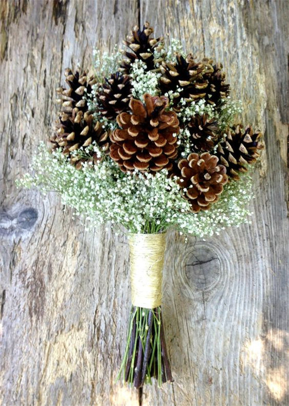 Winter Wedding Pine Cone and Dried Baby's Breath Bouquet 