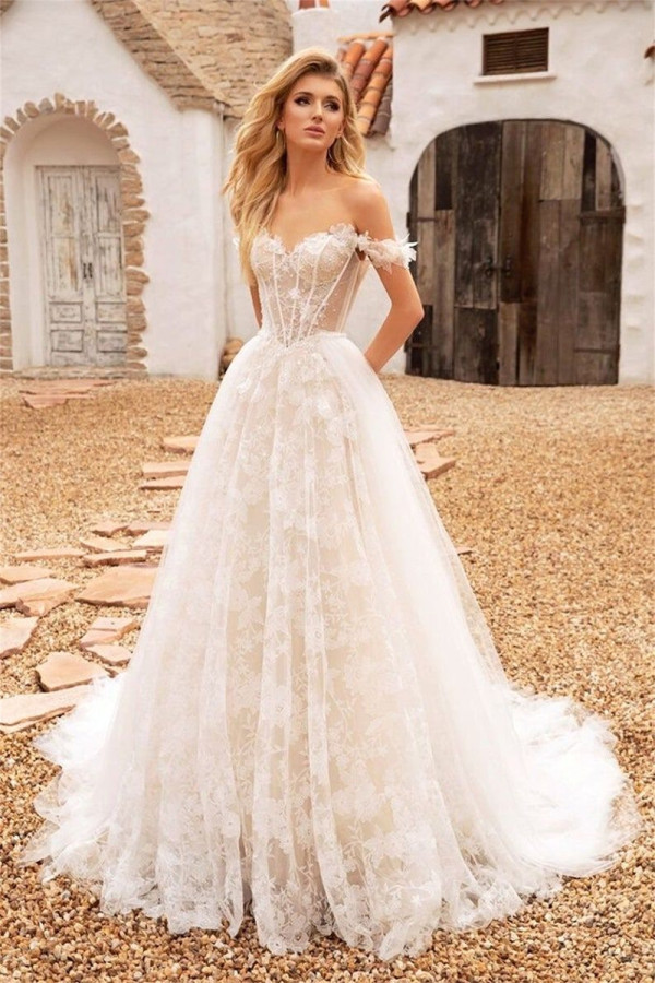 Off The Shoulder Corset Wedding Dresses with Lace