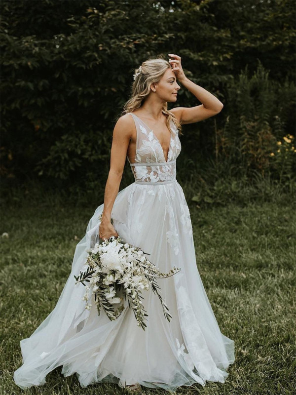 Deep V-Neckline Bridal Dresses