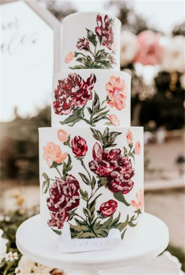 Charming Unique White Layered Wedding Cakes with Red Rose Painting