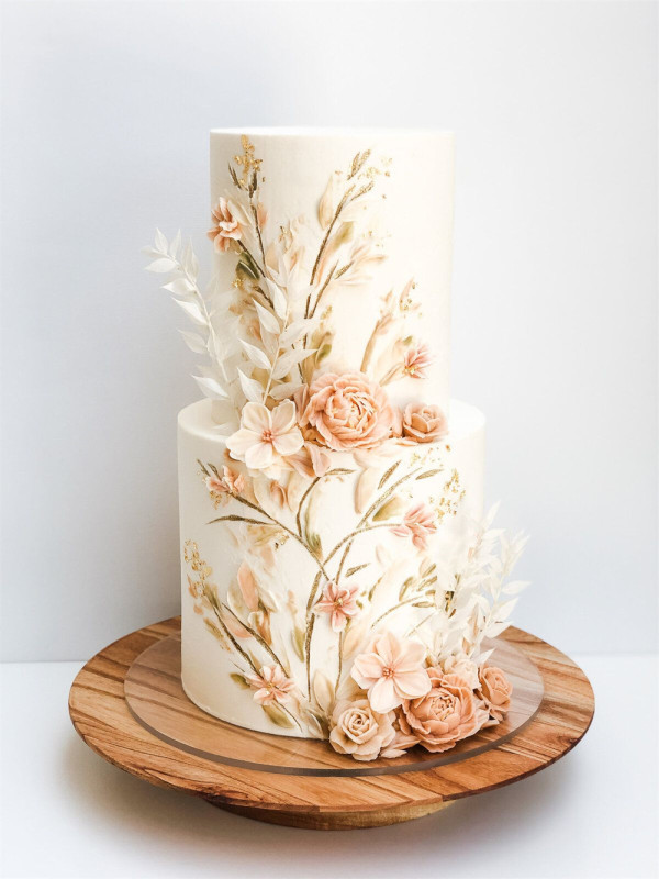 Cream and Champagne Wedding Cakes with Painted Roses