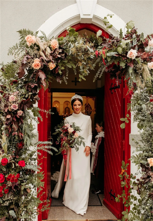 Pink and Red Floral Church Wedding Doorway Ideas