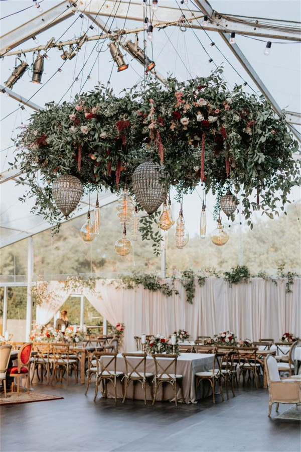 gorgeous floral hanging decorations for tent wedding