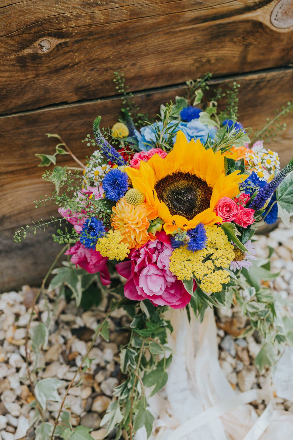 Fun Blue and Yellow Sunflower Wedding Bouquets