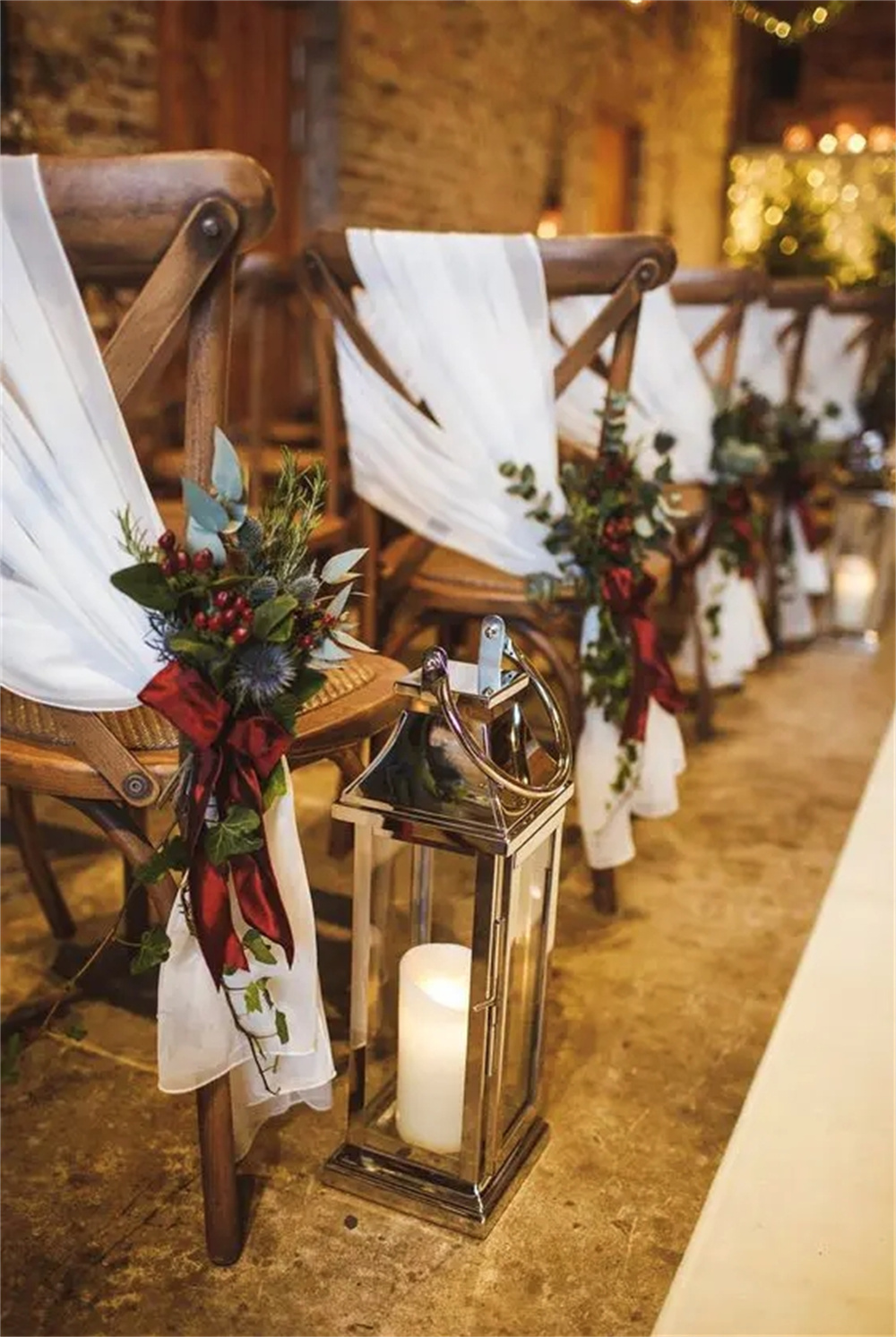 Simple and Festive Christmas Wedding Aisle with Flowers