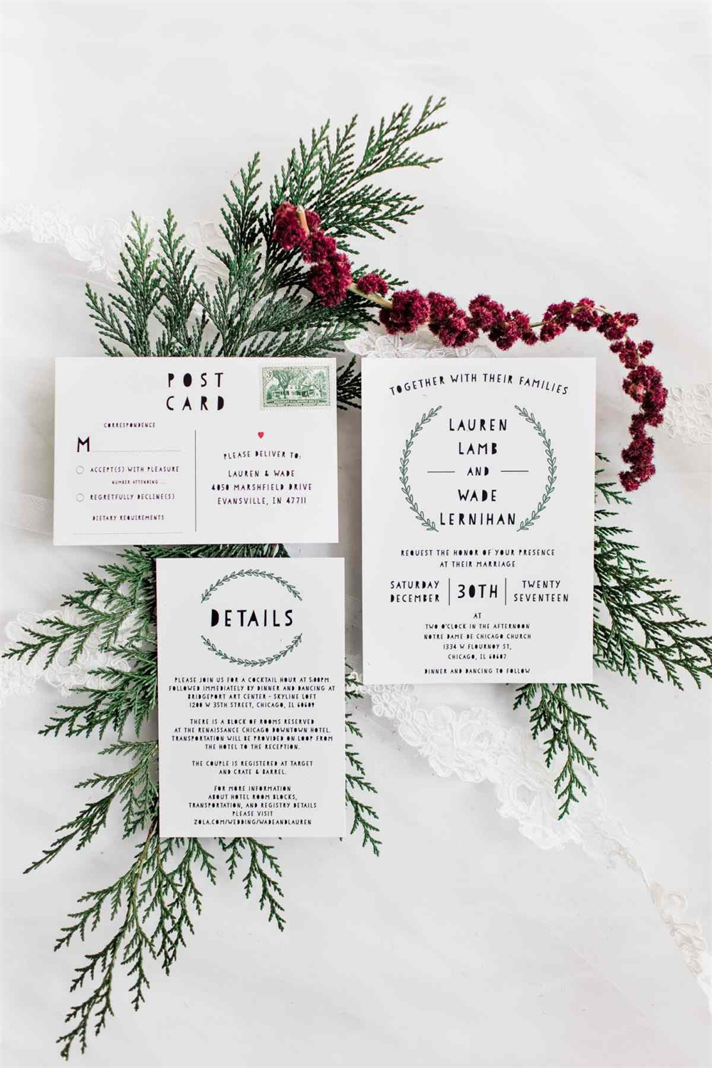Simple White and Green Christmas Wedding Invitations